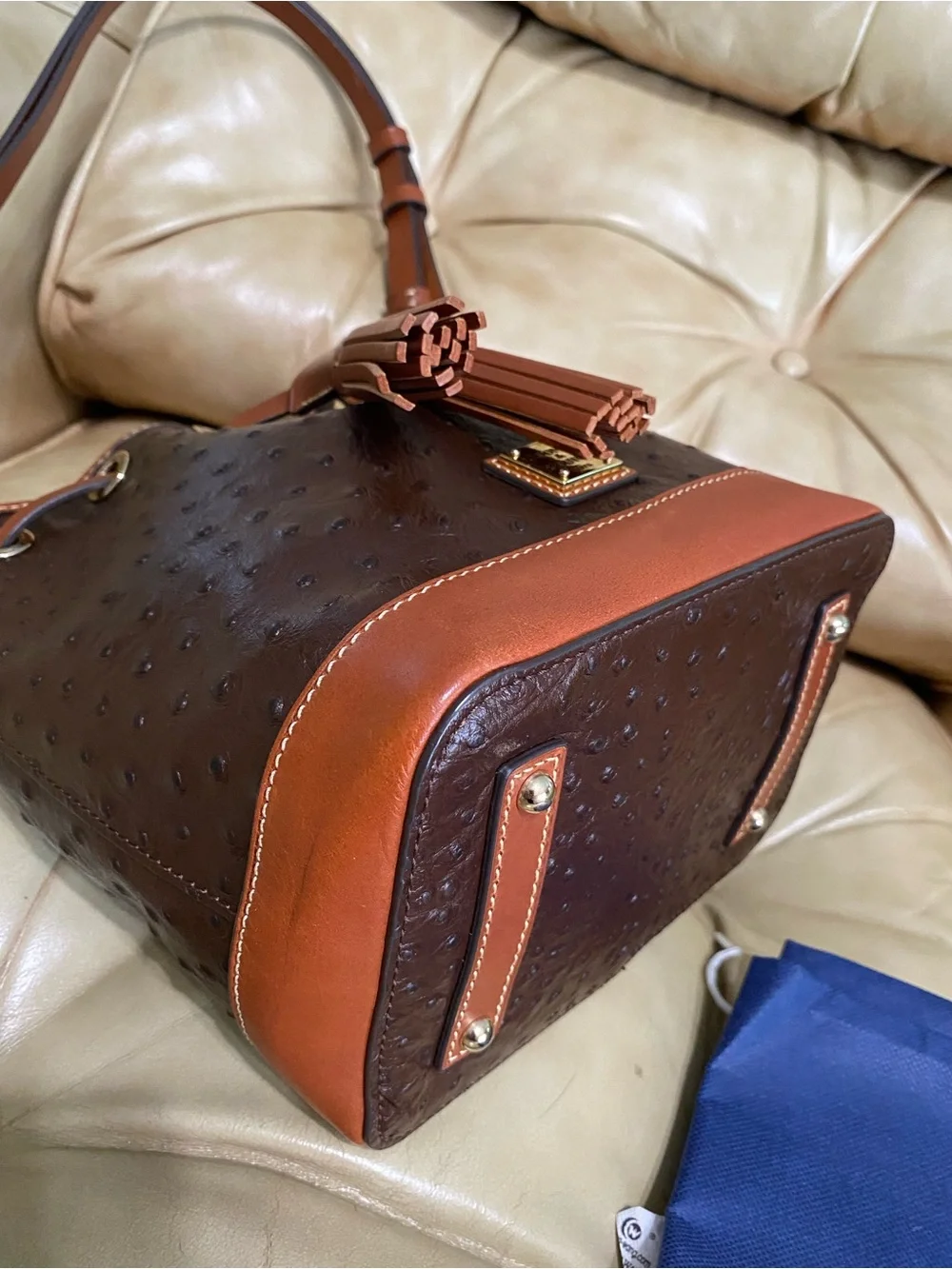 Dooney & Bourke Ostrich Small Drawstring Shoulder Bag Leather Bucket